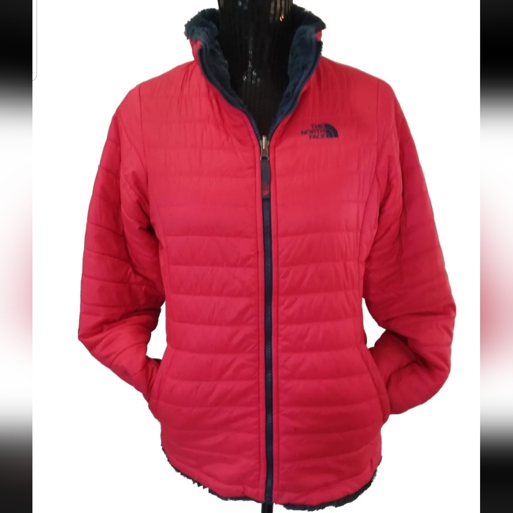 THE NORTH FACE REVERSIBLE PUFFER FUZZY JACKET PINK/BLUE GIRLS SIZE XL
